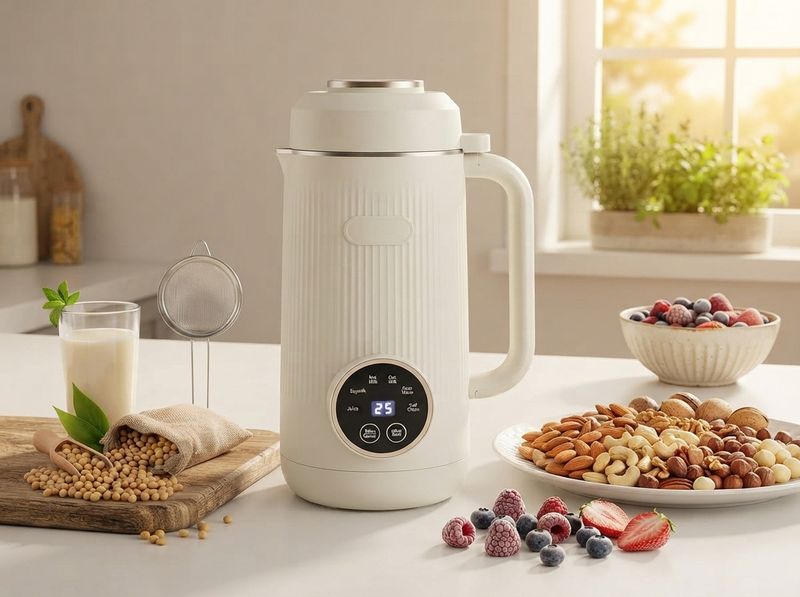 White countertop nut milk maker beside a glass of almond milk at dawn, kettle 