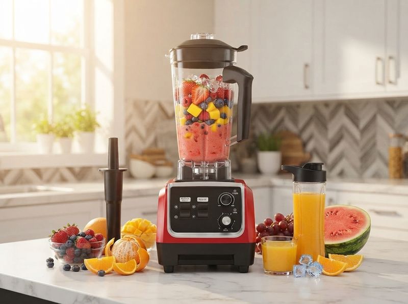 Hand pressing pulse on a red blender base while frozen berries spin in the pit